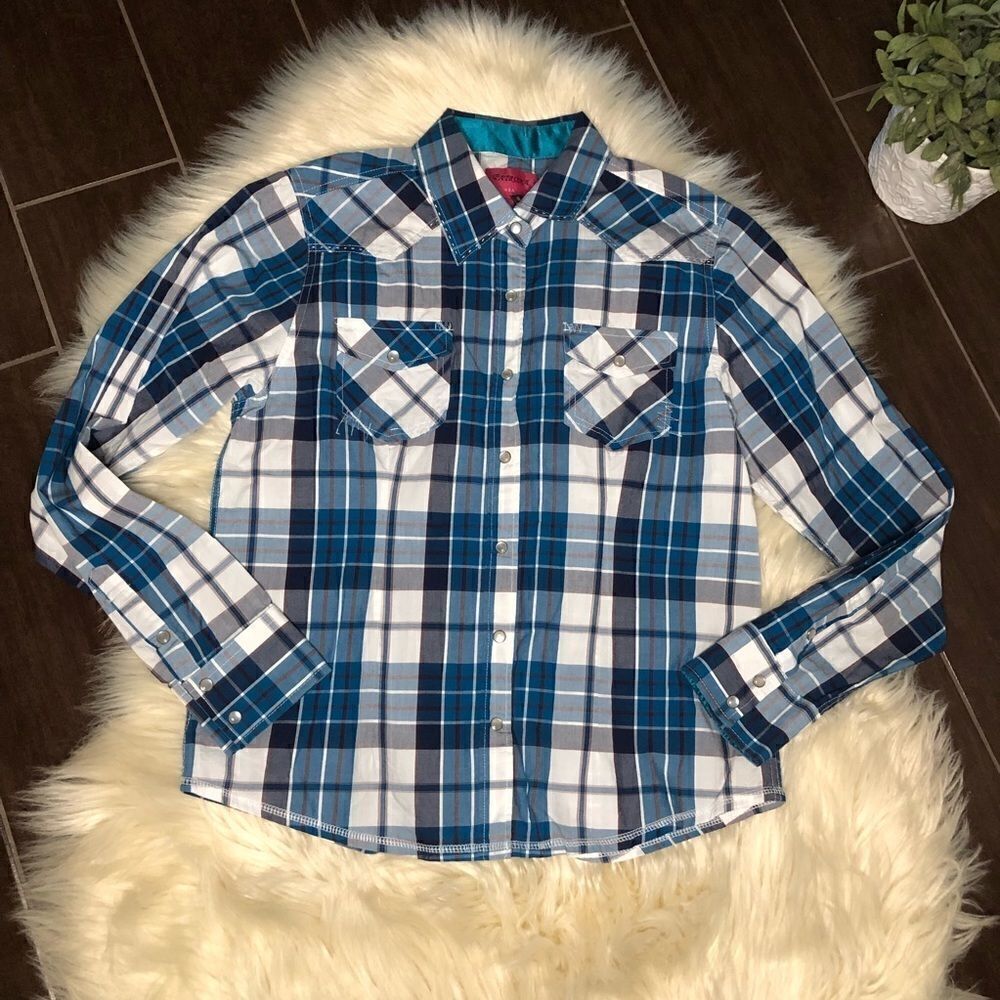 Patrona USA turquoise/navy plaid pearl snap sz LG